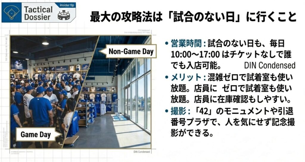 混雑してごった返す試合日の店内と、人が少なく快適な試合のない日の店内を比較した写真