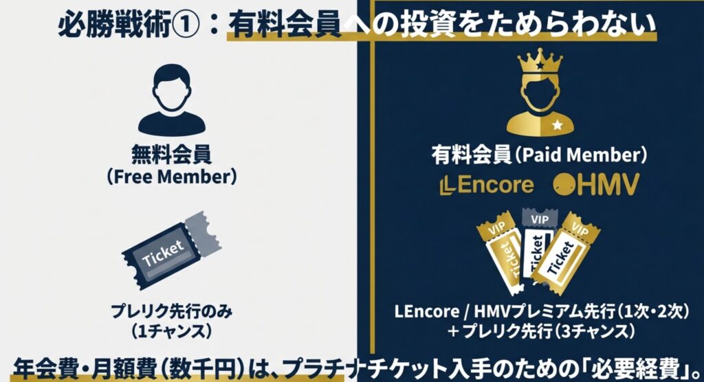 無料会員は1チャンスに対し、有料会員はLEncoreやHMVプレミアム先行を含め3チャンスに増えることを示す比較図。