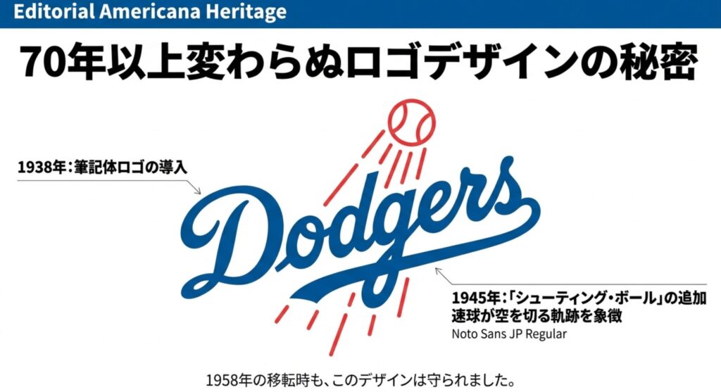 1938年の筆記体ロゴ導入から、1945年の「シューティング・ボール（速球の軌跡）」追加までのロゴデザインの進化過程。