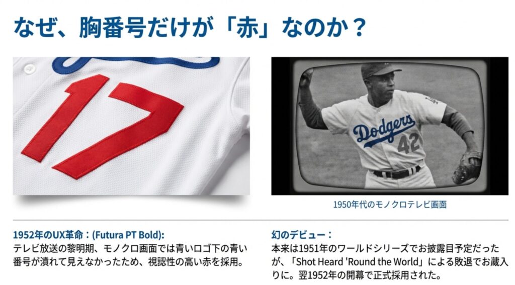 1950年代のモノクロテレビ画面における視認性の問題を解説し、赤い番号が採用された経緯を示すスライド。