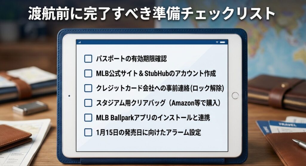 パスポート確認、アカウント作成、カード会社連絡、クリアバッグ購入、アプリ連携、アラーム設定の6項目をまとめた最終チェックリスト。