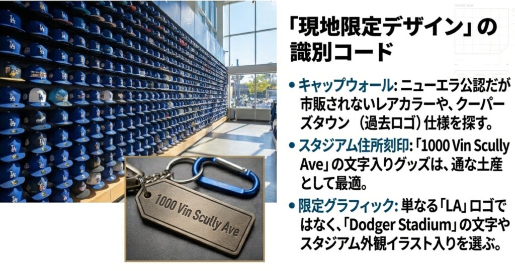 壁一面に陳列されたニューエラのキャップ棚と、スタジアム住所が刻印された限定キーホルダーの画像