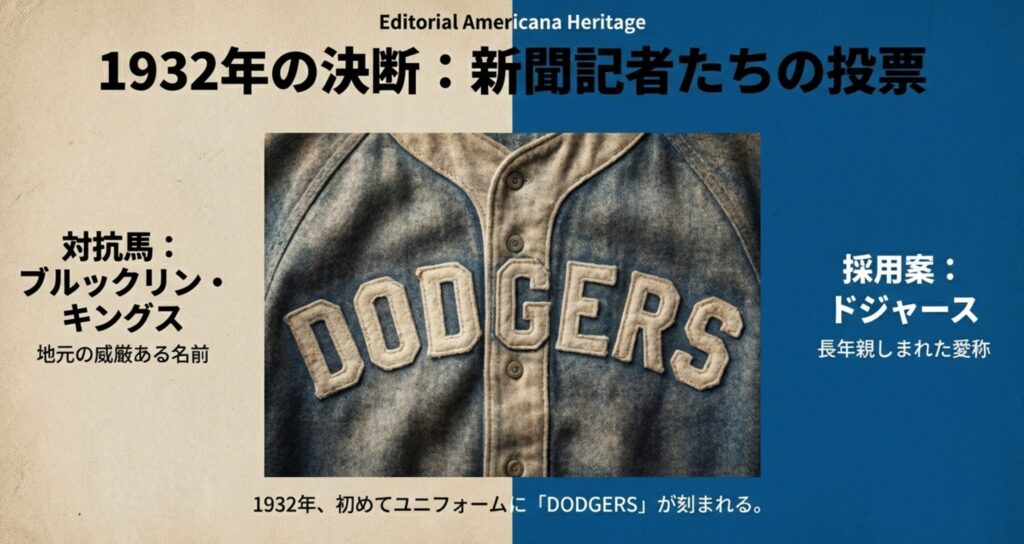 1930年代のヴィンテージ・ユニフォームのクローズアップ写真。フェルト生地でブロック体の「DODGERS」の文字が縫い付けられている。
