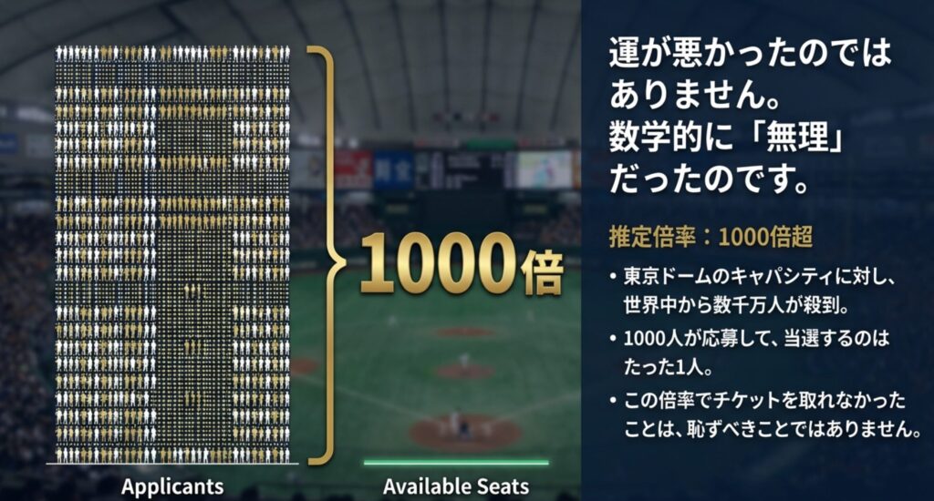 「1000倍」という数字と、東京ドームのキャパシティに対して世界中から数千万人が殺到している状況を説明するスライド。