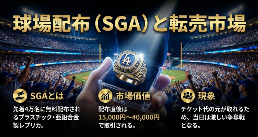 先着配布されるプラスチック・亜鉛合金製のSGAリングが、転売市場では15,000円〜40,000円で取引されている現状を説明する図。
