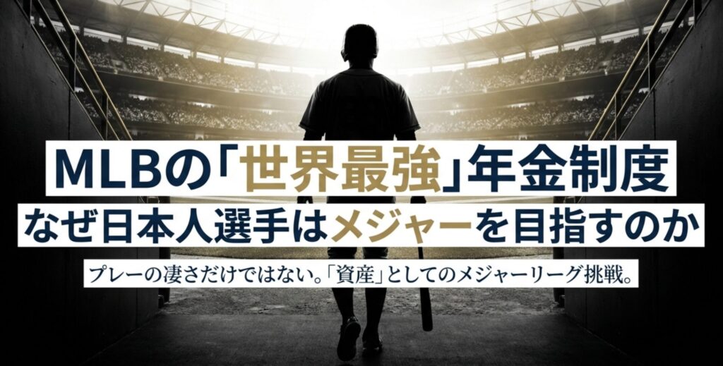 「MLBの世界最強年金制度 なぜ日本人選手はメジャーを目指すのか」というタイトルと、マウンドに立つ日本人投手のシルエット。