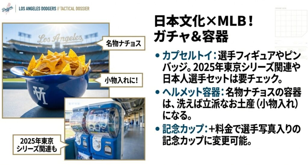 ドジャースのヘルメット型容器に入ったナチョスと、スタジアム内に設置されたカプセルトイ（ガチャガチャ）マシーンの画像