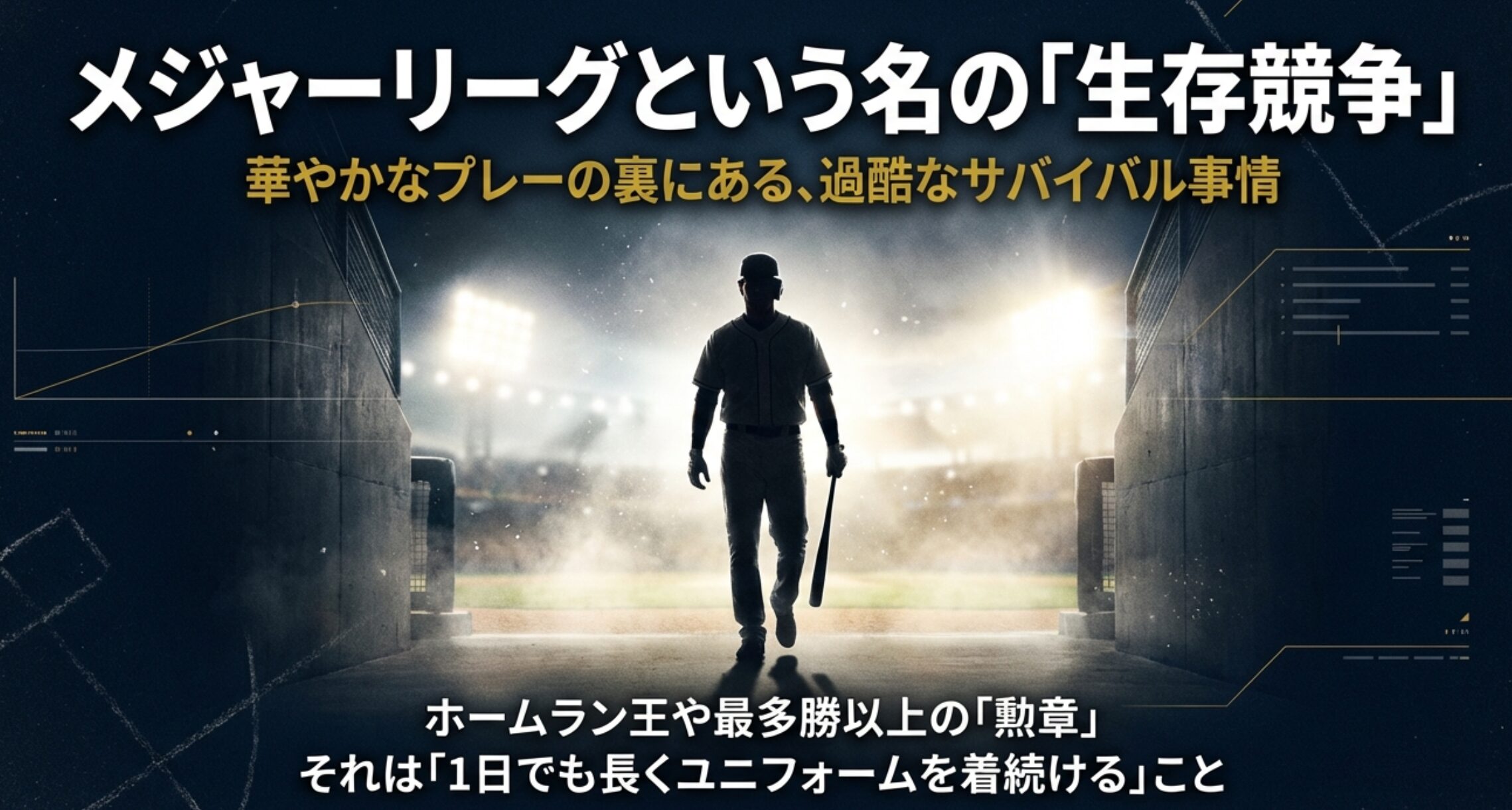メジャーリーグの華やかなプレーの裏にある過酷なサバイバル事情と、1日でも長くユニフォームを着続けることの価値を説明するスライド