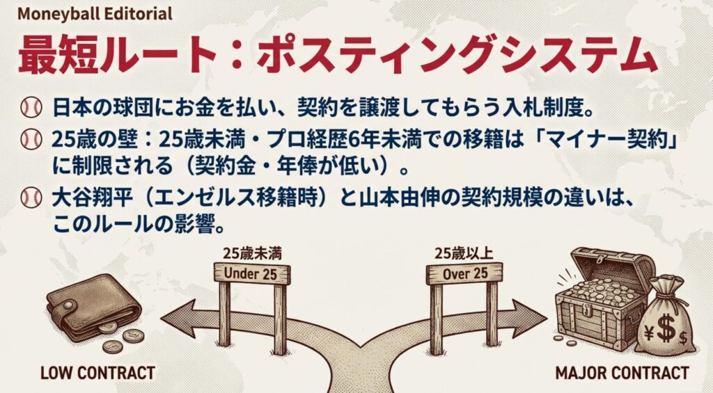 25歳未満と以上で、マイナー契約かメジャー契約かに分かれる規模の違いをドル札の量で示した図。