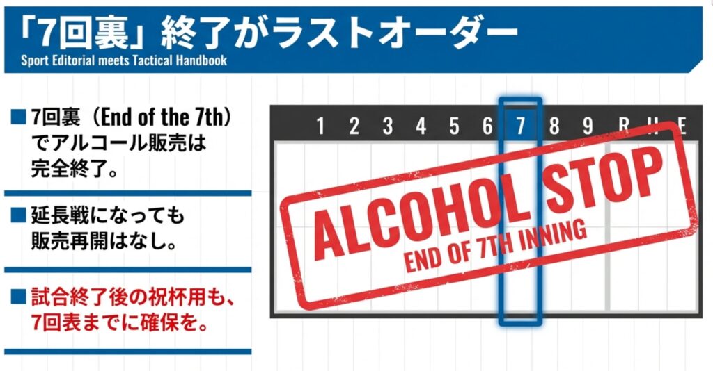7回裏（End of 7th Inning）でアルコール販売が完全終了することを示すタイムライン図 。