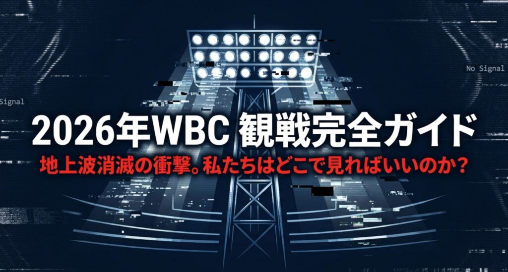 「2026年WBC観戦完全ガイド」というタイトルと「地上波消滅の衝撃。私たちはどこで見ればいいのか？」というキャッチコピーが書かれた表紙スライド。
