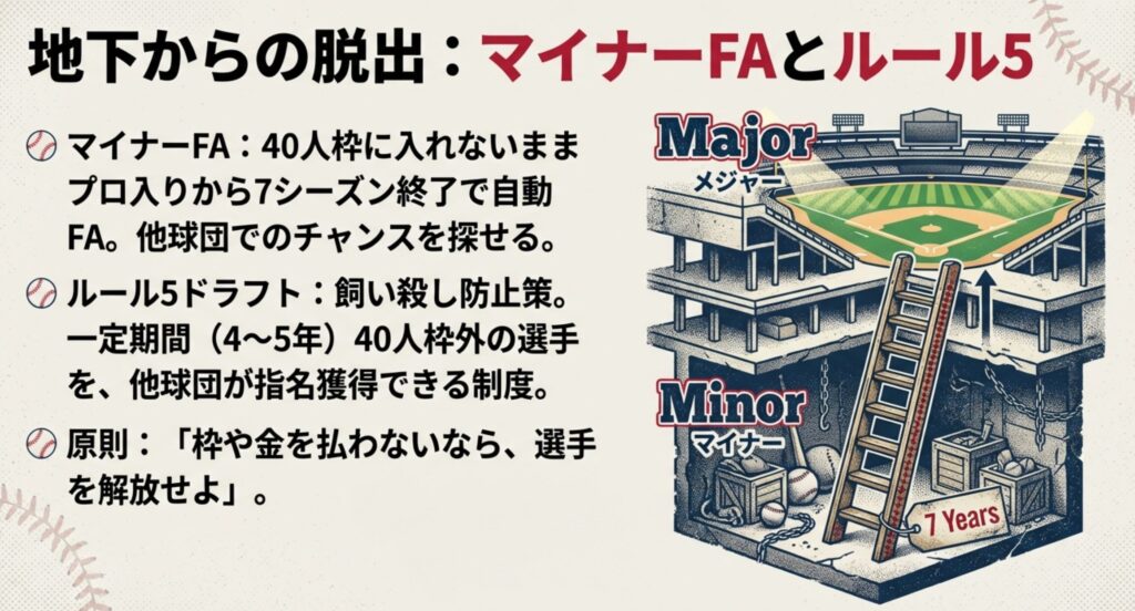地下のマイナーから地上のメジャーへハシゴを登るイラスト。 7年で自由になれるマイナーFA等を表現。