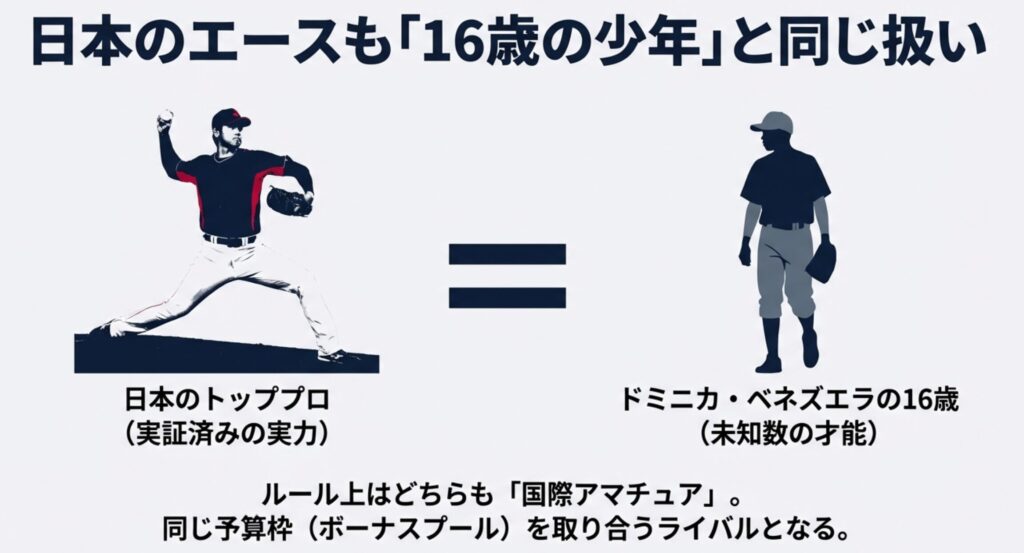 実証済みの実力を持つ日本のエースと、未知数の才能を持つドミニカ等の16歳の少年が、共に「国際アマチュア」として同じ予算枠を奪い合う構図を示すイラスト 。