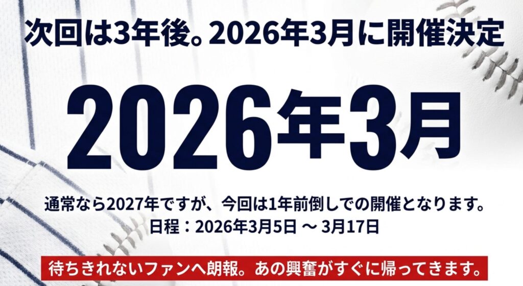 2026年3月と大きく書かれたスライド。日程は2026年3月5日から3月17日で、通常より1年前倒しで開催されることを強調している。