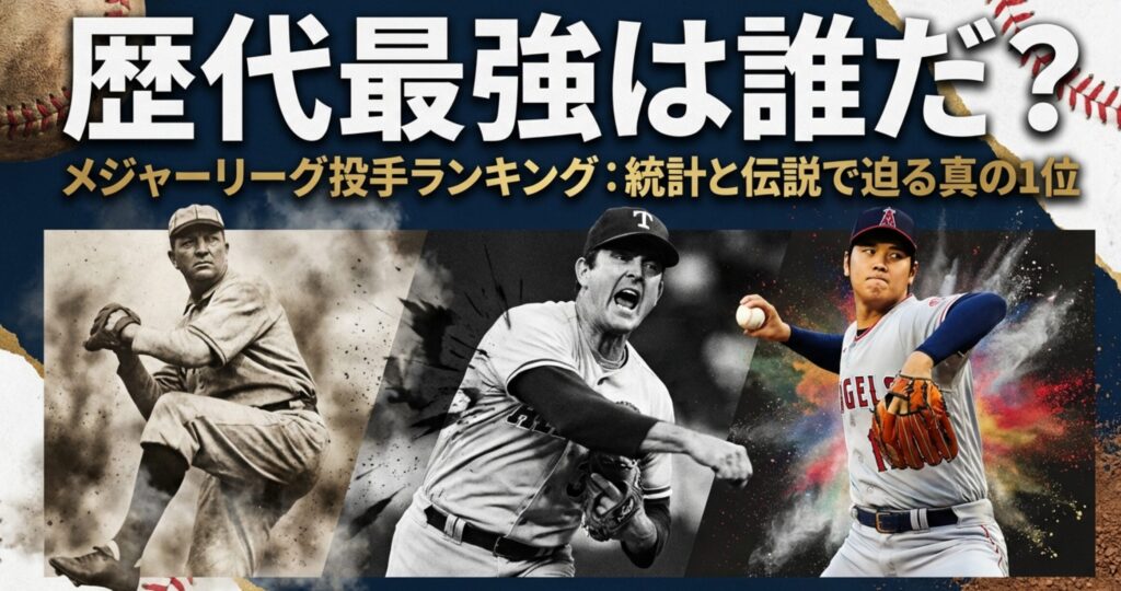 メジャーリーグ投手ランキング：統計と伝説で迫る真の1位、というタイトルが入った表紙スライド。