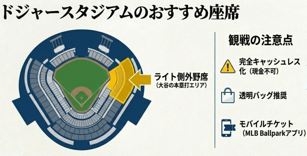 大谷選手のホームランエリアであるライト側外野席を示すスタジアムマップと、キャッシュレス化、透明バッグ推奨、モバイルチケットなどの注意点をまとめたスライド。