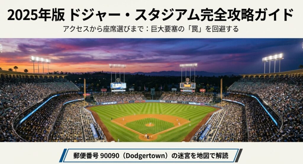 夕暮れ時のドジャー・スタジアムの美しいパノラマ写真。「2025年版 ドジャー・スタジアム完全攻略ガイド」というタイトル文字。
