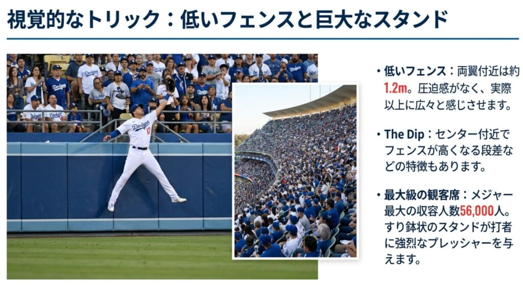 1.2mの低いフェンス際でジャンプして捕球しようとする大谷翔平選手と、その背後にそびえる56,000人収容の巨大な観客席の写真
