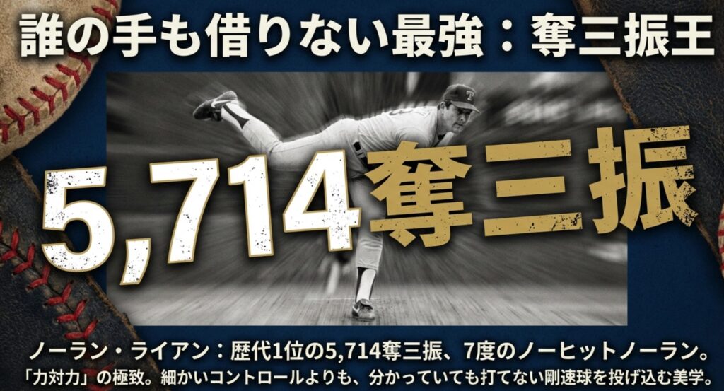 歴代1位の5,714奪三振と7度のノーヒットノーランを記録したノーラン・ライアンを紹介するスライド。
