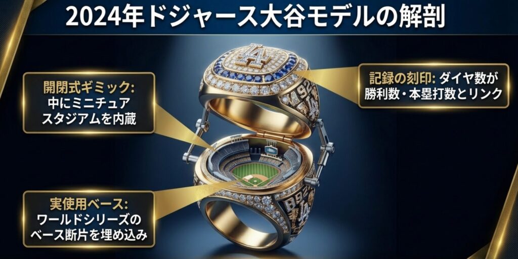大谷モデルのリング内部にミニチュアスタジアムや実使用ベースの断片が埋め込まれている開閉式ギミック、および勝利数とリンクしたダイヤ数などの特徴を解説した図。