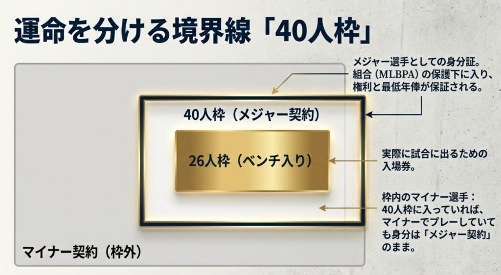 マイナー契約(枠外)、40人枠(メジャー契約)、26人枠(ベンチ入り)の関係性と、それぞれの権利の違いを解説する図解スライド 。