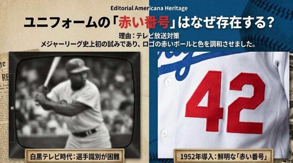 1952年に白黒テレビでの視認性を高めるために導入された、ユニフォーム腹部の赤い番号（Red Numbers）に関する解説スライド。
