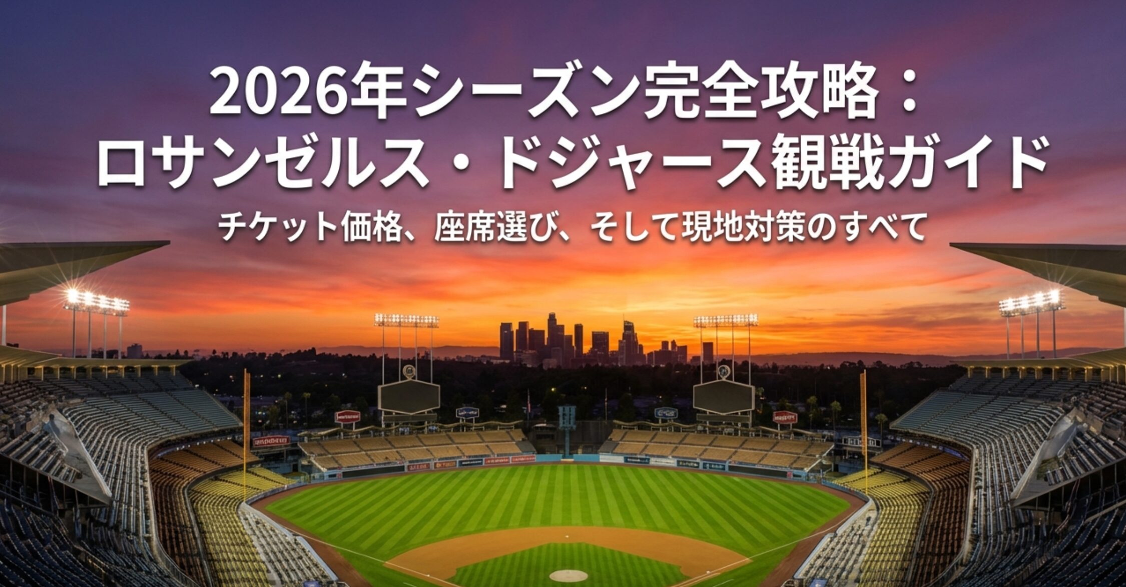 2026年シーズン完全攻略、ロサンゼルス・ドジャース観戦ガイドの表紙スライド。チケット価格、座席選び、現地対策のすべてを網羅していることを示している。