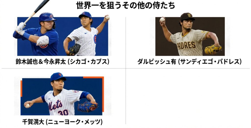 鈴木誠也、今永昇太、ダルビッシュ有、千賀滉大各選手の写真。