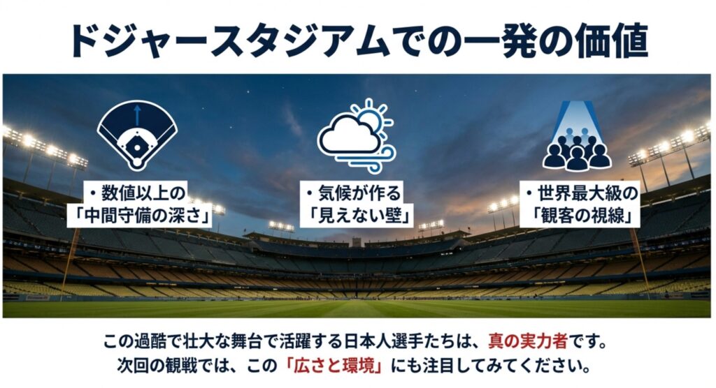 中間守備の深さ、気候、観客の視線という3つの要素が、ドジャースタジアムでのホームランの難易度と価値を高めていることを示すまとめ画像