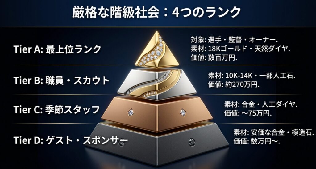 Tier A(選手・オーナー用)からTier D(ゲスト用)まで、素材と宝石の質、及び推定価値がランク分けされていることを示す一覧表。