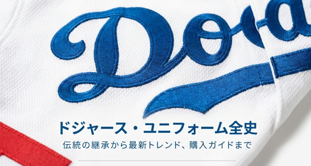 ドジャースの筆記体ロゴとブルーの刺繍が施されたユニフォームのクローズアップ画像。
