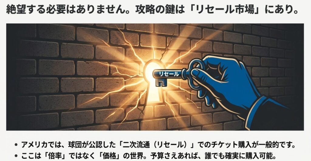 チケット入手の壁を「リセール」という鍵で開けるイメージイラスト。倍率ではなく価格で解決できることを示唆。