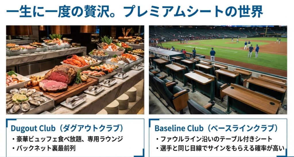 ダグアウトクラブで提供される豪華なビュッフェ料理と、ベースラインクラブのテーブル付きシートの写真。