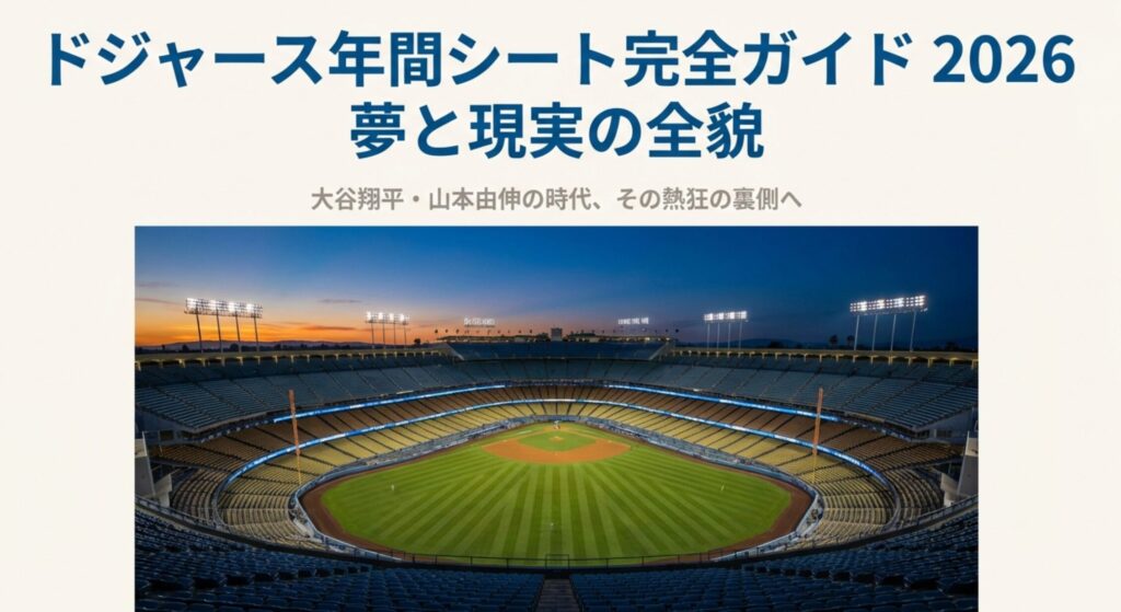 夕暮れのドジャースタジアム全景と「2026年シーズンチケット完全ガイド」のタイトルスライド