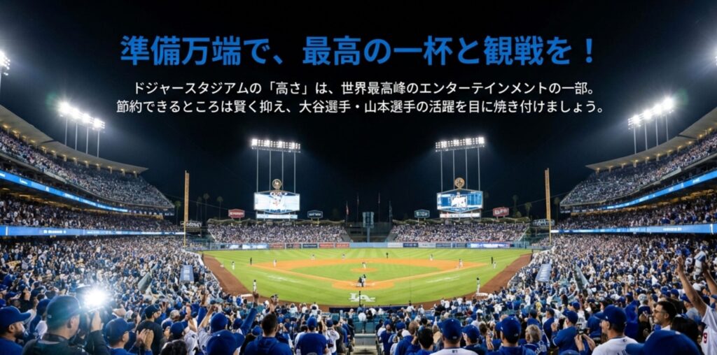 ドジャースタジアムの全景写真と共に、大谷選手・山本選手の活躍と観戦を楽しむためのメッセージ 。