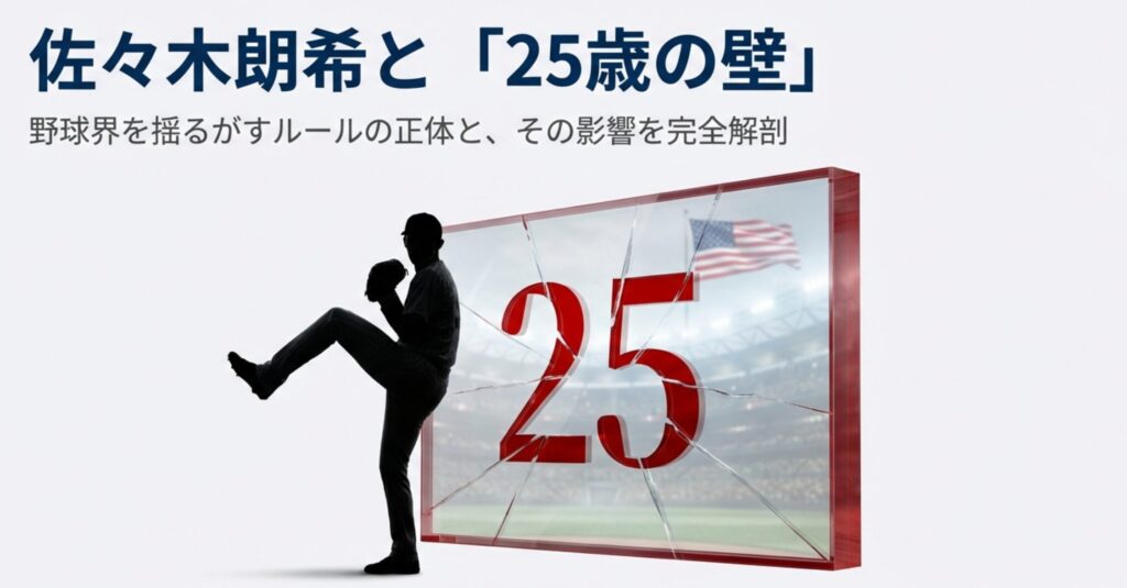 マウンド上で投球動作に入る佐々木投手のシルエットと、ヒビの入った「25」という巨大なガラスの壁、その向こうにメジャーリーグを象徴する星条旗が見えるイメージ画像 。