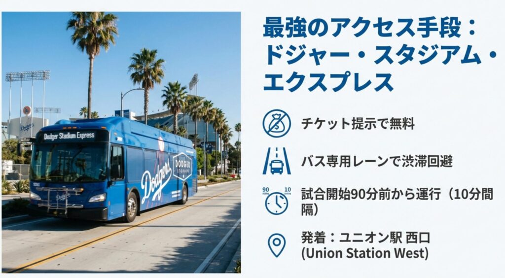 青い車体のドジャー・スタジアム・エクスプレスの写真。ユニオン駅西口発着、チケット提示で無料、バス専用レーンで渋滞回避などのメリットが記載されている。