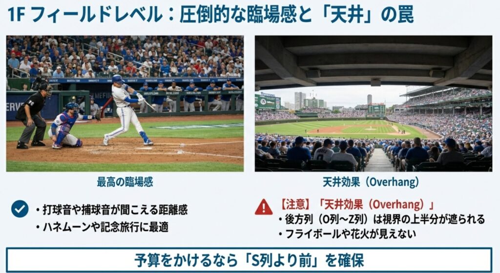 選手の打球音が聞こえるほどの至近距離の写真と、後方列で視界の上半分が屋根で遮られる「天井効果（Overhang）」の比較写真。