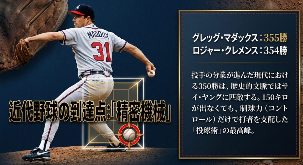 グレッグ・マダックス(355勝)とロジャー・クレメンス(354勝)を比較し、投球術の最高峰を解説するスライド。