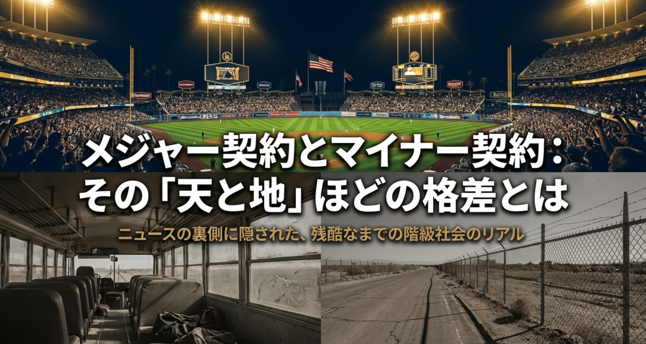 メジャー契約とマイナー契約の格差を「天と地」と表現し、ニュースの裏にある階級社会を解き明かすと記載された表紙スライド 。
