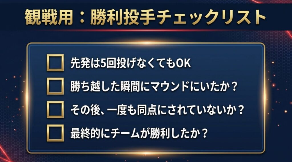 勝ち越した瞬間のマウンド、同点にされていないかなど、観戦中に確認すべき4つのポイントをまとめたスライド。
