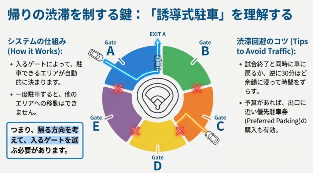 ドジャースタジアムの駐車場マップ。入場ゲート(A〜E)によって駐車エリアが固定され、エリア間の移動ができない仕組みの解説図。