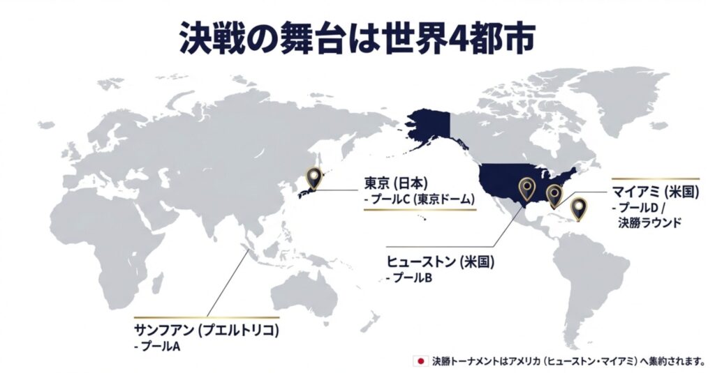 サンフアン、ヒューストン、東京、マイアミの4つの開催都市が世界地図上にプロットされた開催地一覧スライド。