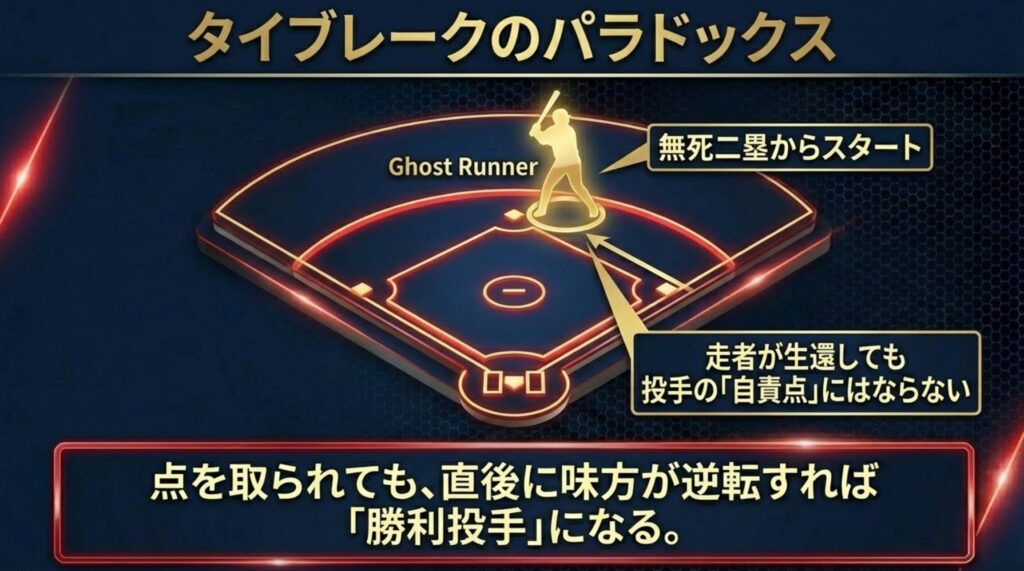 無死二塁から始まるタイブレークで、ゴーストランナーが生還しても自責点にならないが勝利投手にはなり得ることを示すグラウンド図のスライド。