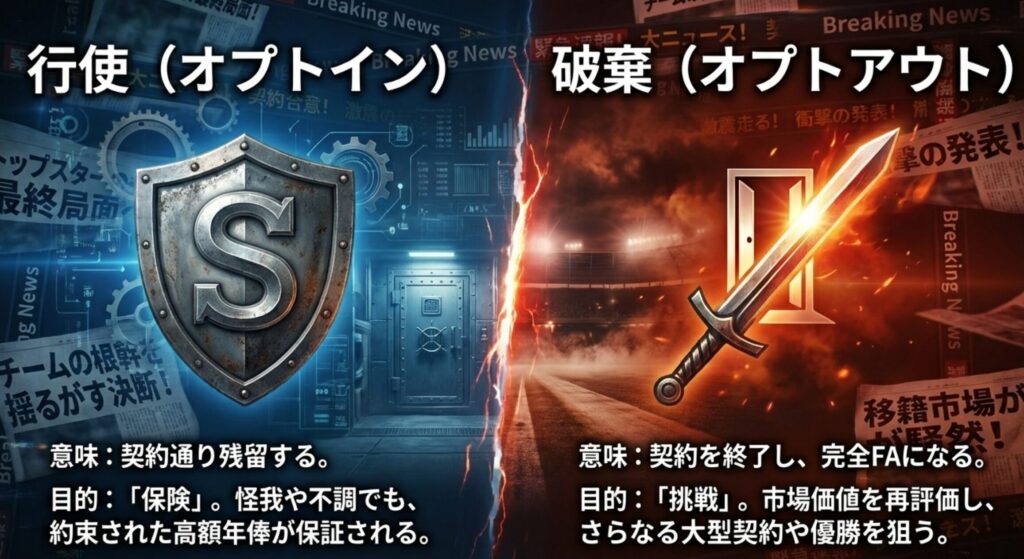 契約を行使して残留する「オプトイン」と、契約を破棄してFAになる「オプトアウト」の目的と意味の違いを示した図