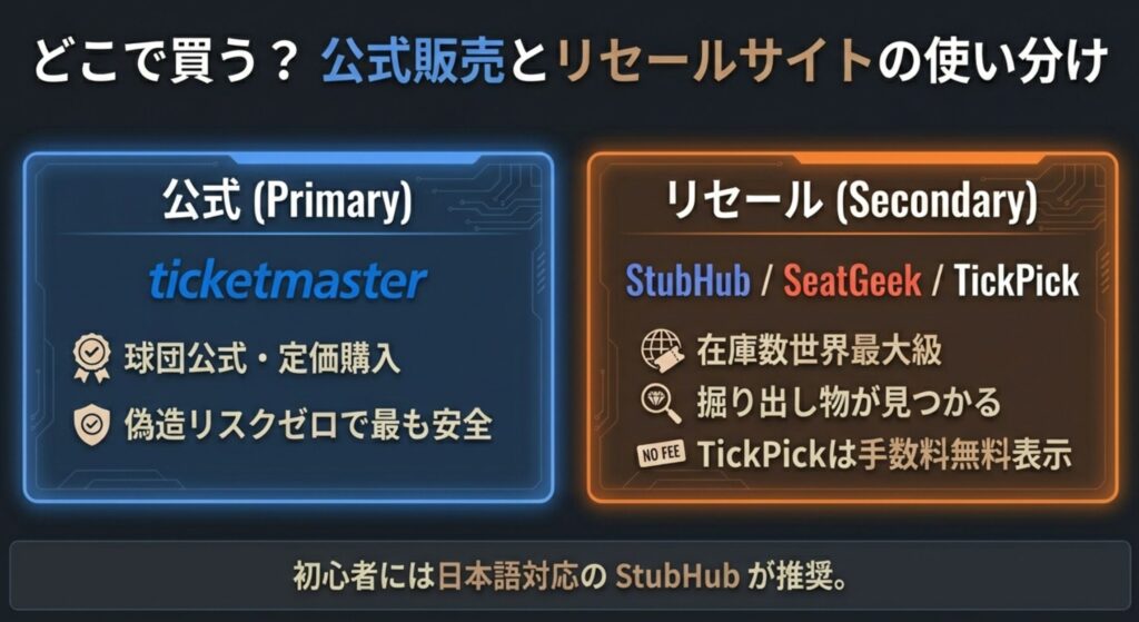 公式サイト(Ticketmaster)とリセールサイト(StubHub, SeatGeek, TickPick)のそれぞれの特徴と、初心者には日本語対応のStubHubが推奨されることを示す比較図。