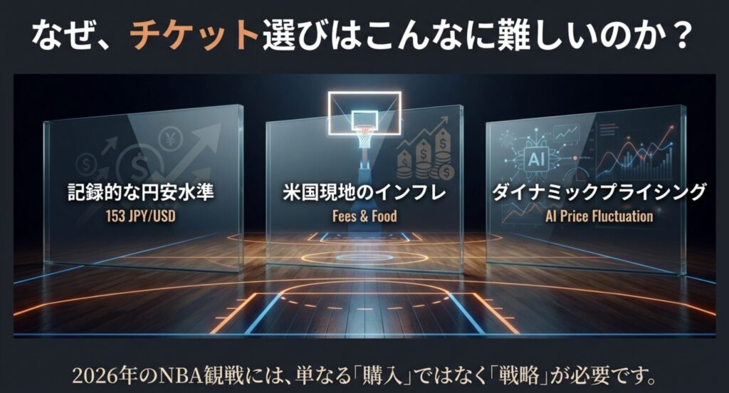 2026年のNBAチケット購入が難しい3つの理由(円安153円、米国現地のインフレ、AIによるダイナミックプライシング)を示すイメージ画像。