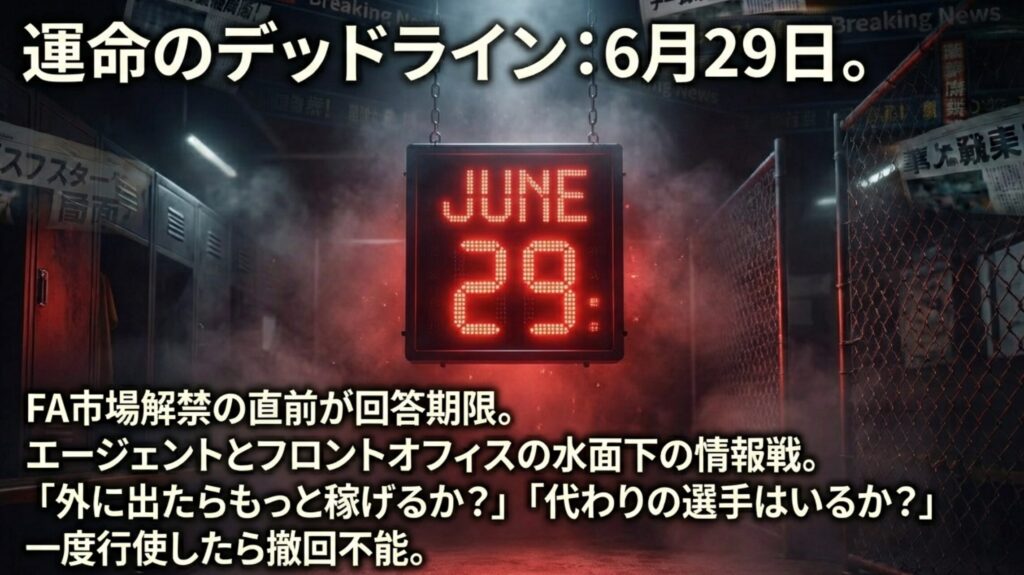 6月29日が運命のデッドラインであり、FA市場解禁直前に決断が迫られることを示したスライド