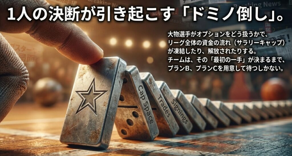 1人のスター選手の決断がリーグ全体の資金（サラリーキャップ）の流れを左右する「ドミノ倒し」現象のイメージ図