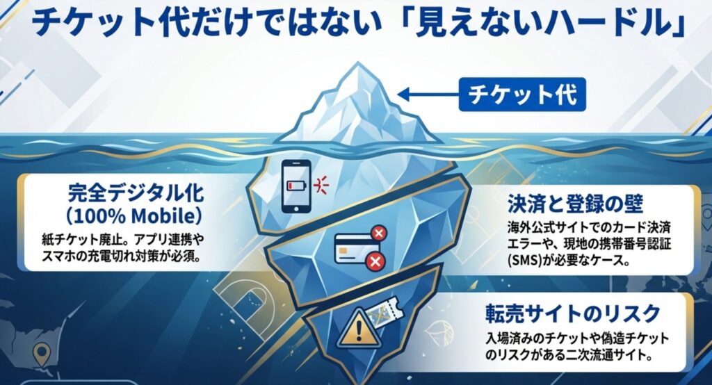 完全デジタル化されたチケット、海外公式サイトでの決済エラー、転売サイトのリスクなど、個人手配の「見えないハードル」を解説する図解。